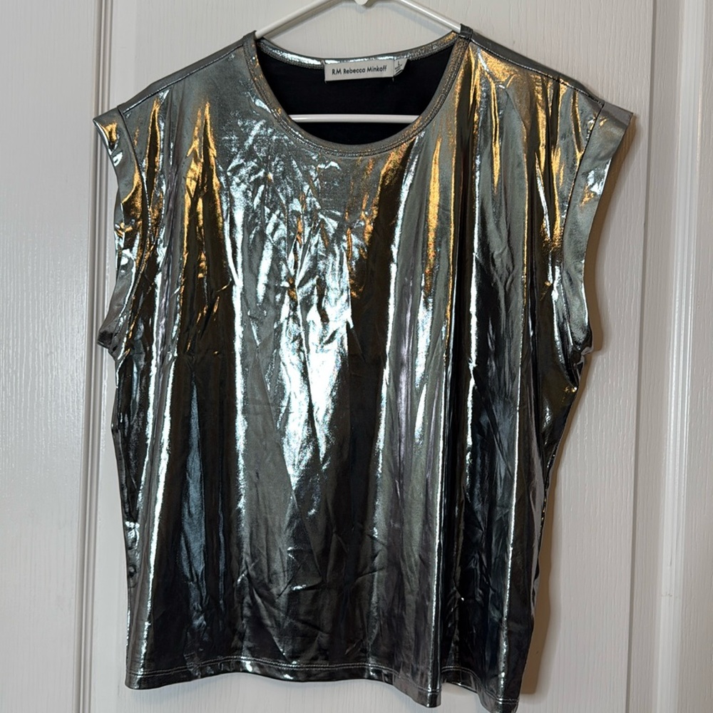 Rebecca Minkoff Silver Metallic Cap Sleeve Top Large